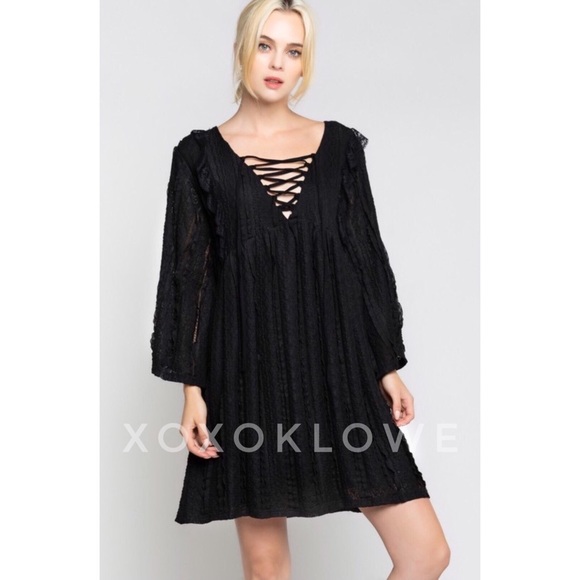 POL Black Stretch Lace Mini Dress Long Sleeves Ruffle Detail - Picture 8 of 10